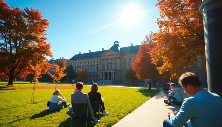 Students enjoying Polonya'da Üniversite Eğitimi on a beautiful campus during autumn.