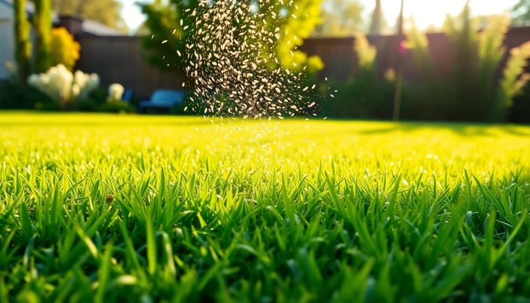 Over seeding a green lawn with vibrant grass seeds for healthier growth and appearance.