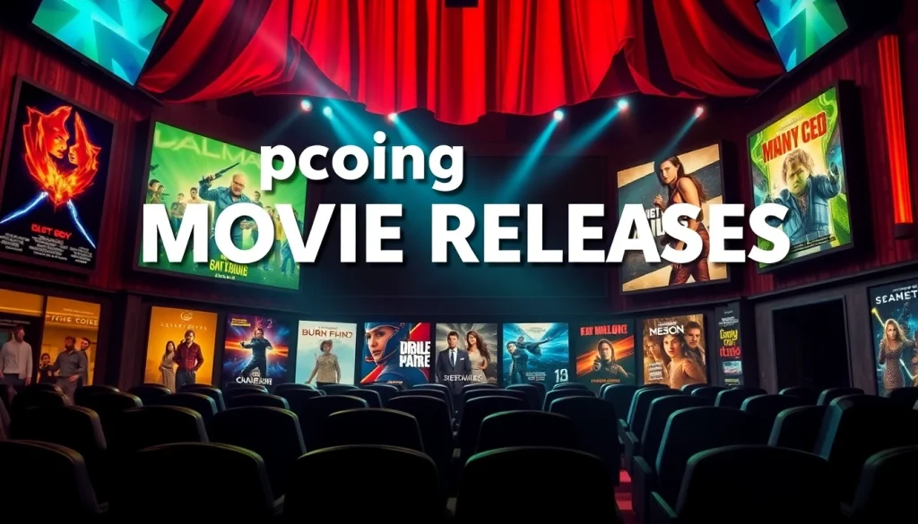 Exciting visual of upcoming movie releases featuring diverse film genres and dynamic cinema ambiance.