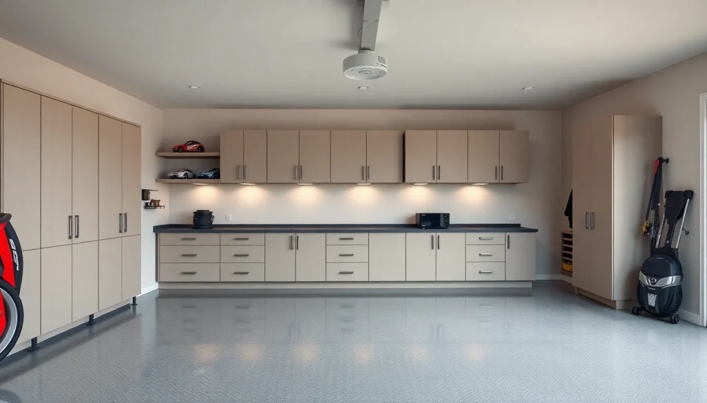 Showcase custom garages with organized cabinetry and modern flooring in a spacious layout.