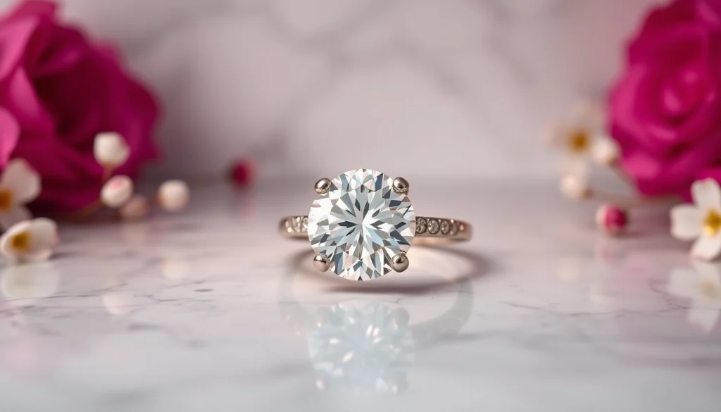 Showcase a breathtaking 2 carat engagement ring featuring a round brilliant diamond in a classic setting, symbolizing love and commitment.