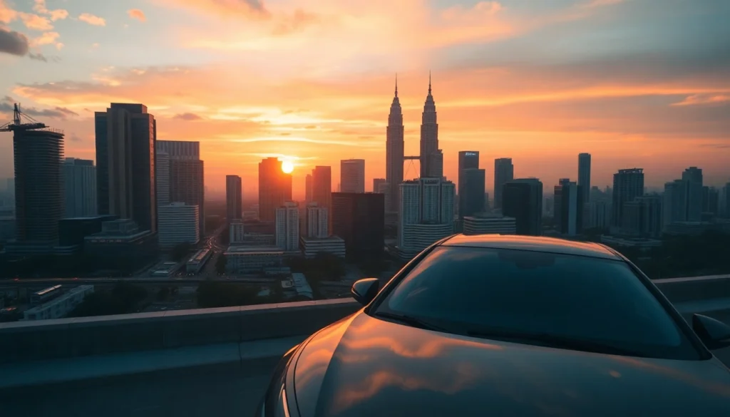 Experience professional chauffeur hire Kuala Lumpur in a luxury car with a stunning city backdrop.