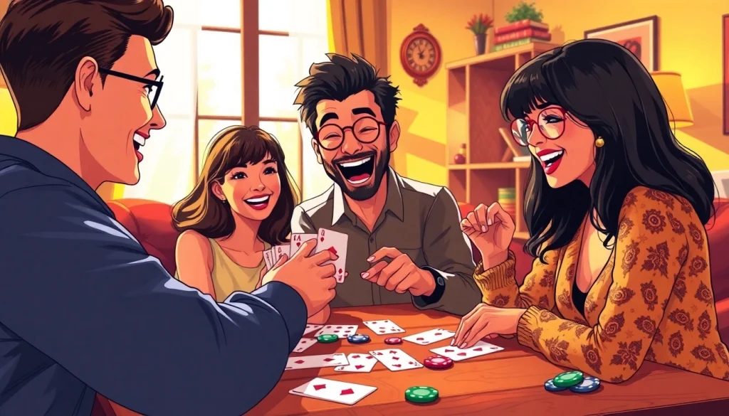 Engaging players enjoying rummy wealth in a lively living room setting, showcasing excitement and fun.