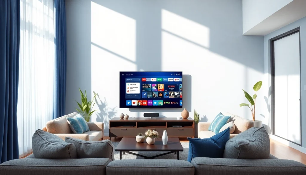 Enjoy engaging IPTV Suisse content on a sleek smart TV in a warm, inviting living room.