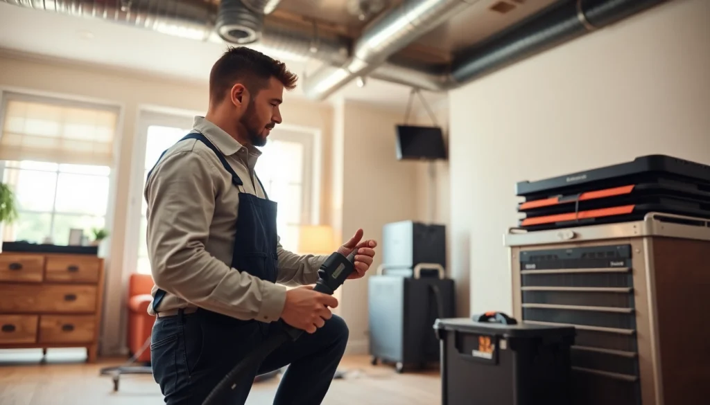 Air duct cleaning Salt Lake City with a professional technician using specialized tools in a clean residential setting.