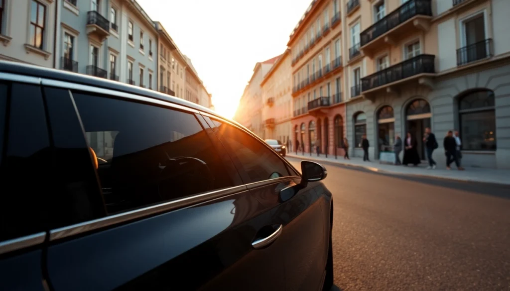 Luxury hire chauffeur Lisbon driving a sleek limousine through picturesque Lisbon streets.