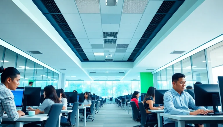 Agents collaborating in Tijuana call centers, showcasing professionalism and teamwork in a modern workspace.