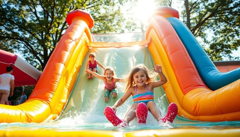 Kids enjoying Waterslide Rentals at a lively summer party, sliding down with joy and excitement.