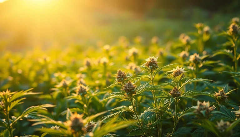 Close-up of healthy CBD tobacco plants flourishing in sunlight, showcasing their vibrant green leaves.