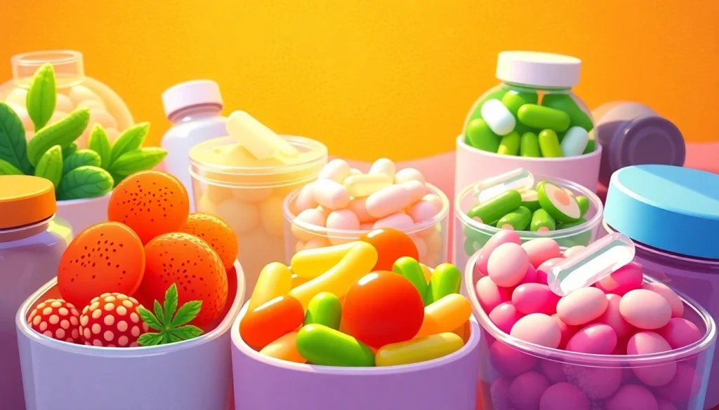 Explore dietary supplements in colorful containers showcasing health benefits and nutrition.