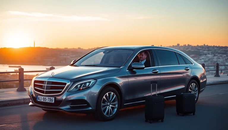 Experience luxury hire chauffeur Lisbon with a sleek car and professional driver in an elegant city setting.