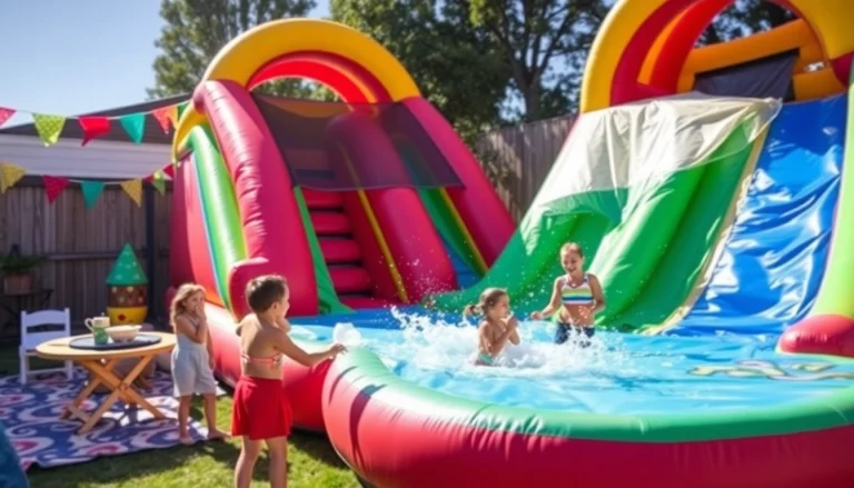 Children playing joyfully on a vibrant inflatable slide rental at a summer party.