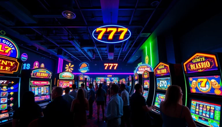 Experience the thrill of สล็อต777 with vibrant slot machines and excited players in a colorful casino environment.