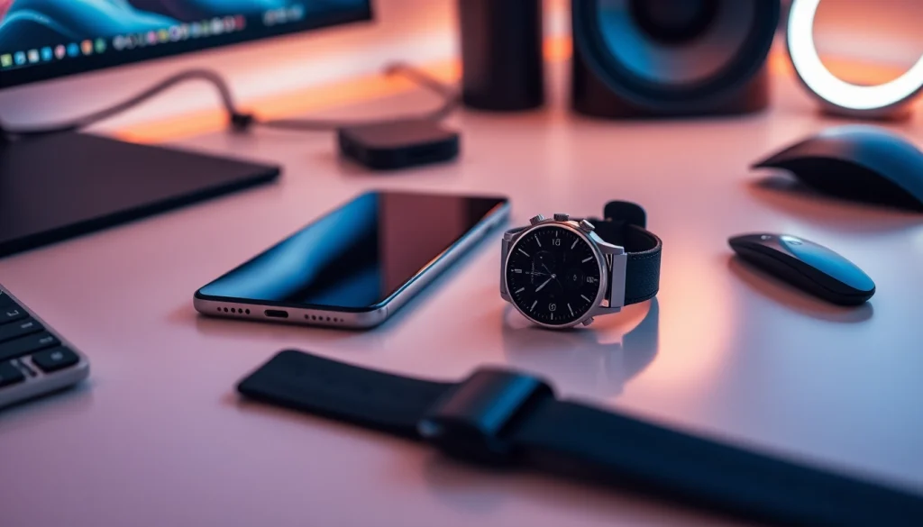 Tech gadgets displayed on a minimalist desk, showcasing innovative designs and modern technology.