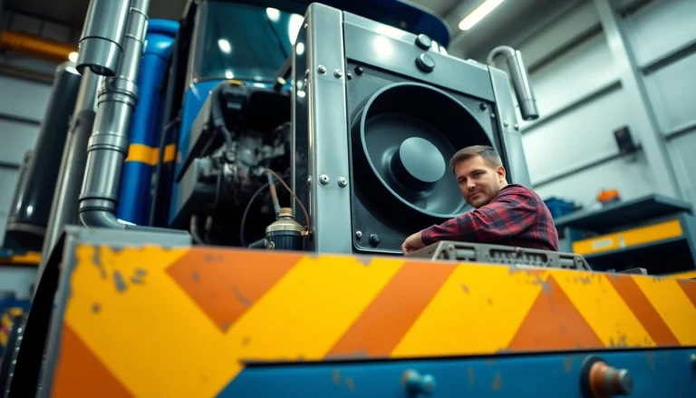 Heavy-duty truck repair Florida with a mechanic fixing a truck engine in a bright garage.