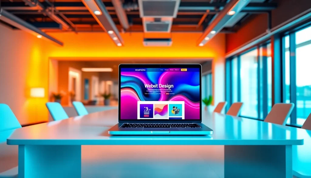 Showcase web design Manchester expertise with a vibrant laptop design in a modern office setting.