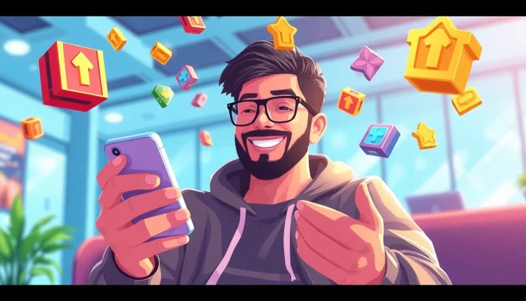 Person enjoying reward play on their mobile device surrounded by game icons.