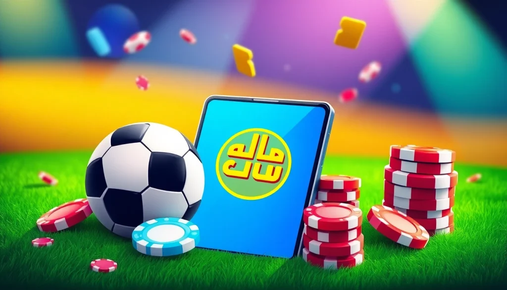 Engage with وان ایکس بت فارسی through an illustration showcasing online betting excitement with football and casino elements.