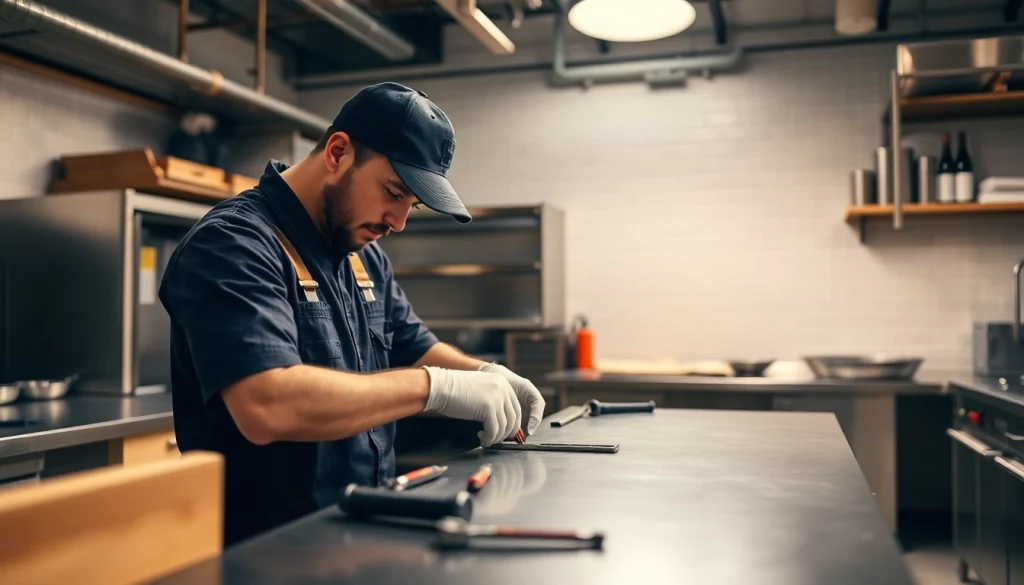 Technician performing prep table repair in a commercial kitchen setting, ensuring optimal performance.