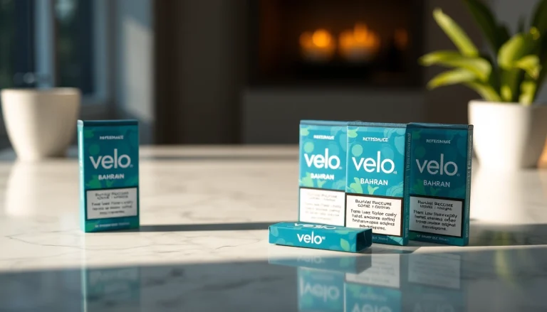 Discover the unique flavors of Velo Bahrain nicotine pouches displayed elegantly on a marble surface.