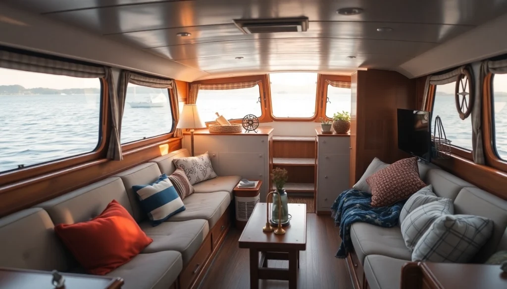 Relax in a stylish boat cabin showcasing comfortable seating and ambient lighting for a cozy escape.